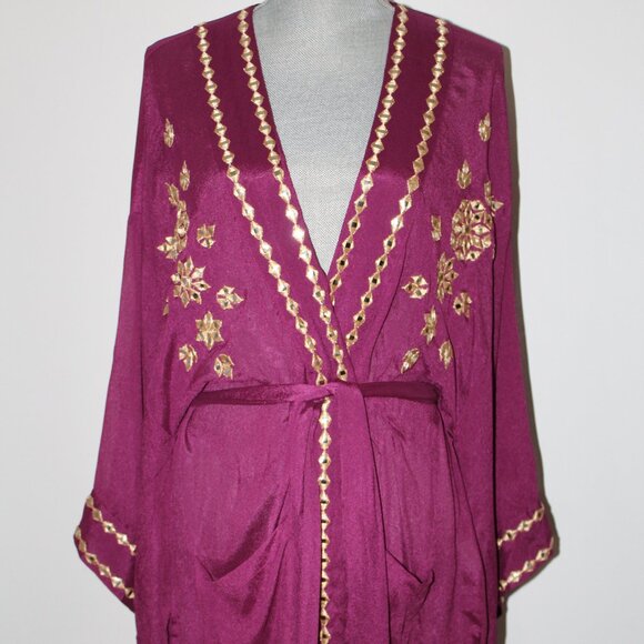 NWT Miss June Dark Fuhsia Embroidery Embellished Belted Kimono Jacket CoverUp OS - Picture 5 of 12